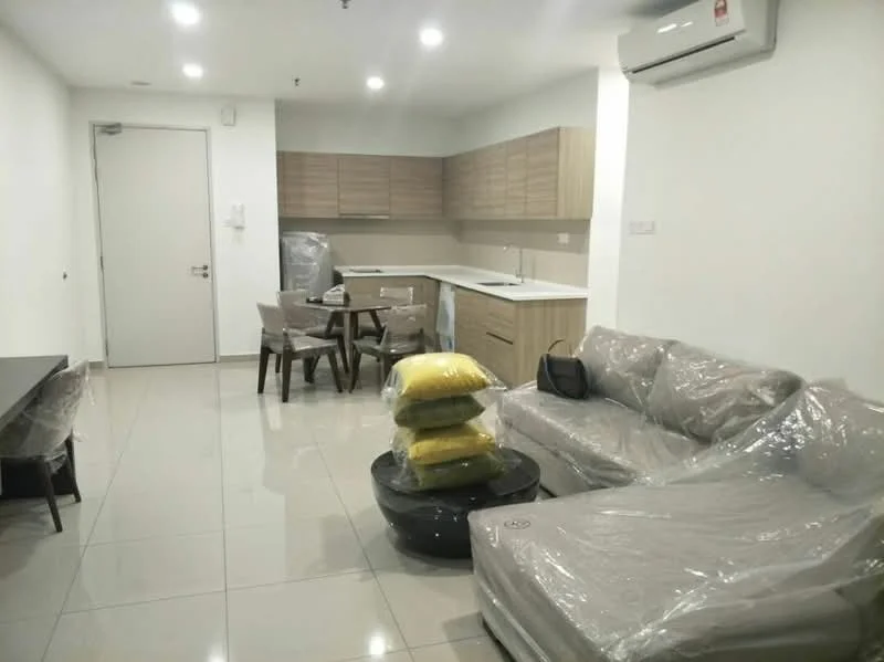 Living features: grey fabric sofa, coffee table, 4-seater dining table, plastic dining chairs, kitchen cabinetry in light wood, white countertop, stainless-steel sink, built-in oven, refrigerator, wall-mounted air conditioning unit, polished tile flooring, white painted walls, ceiling lights; style: modern.