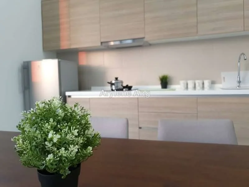 Kitchen features: light wood cabinetry, white countertop, stainless-steel fridge, stainless-steel range hood, built-in oven, single-bowl stainless-steel sink, chrome pull-down faucet, decorative potted plant, set of white cups, kitchen utensils on countertop; style: modern.