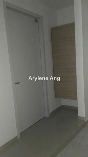 Room features: white painted walls, grey floor tiles, plain door, wooden paneling, corner space; style: modern.