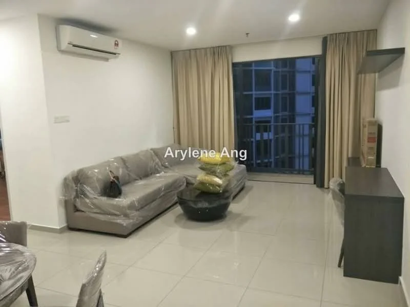 Living features: 2-seater fabric sofa in grey with plastic wrap, coffee table, wall-mounted TV console, floor-to-ceiling windows, curtains in beige, air conditioning unit, light-colored tiled flooring, decorative cushions in yellow; style: modern.
