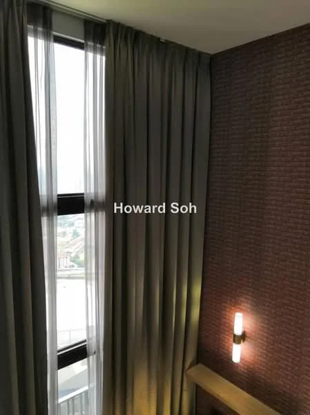 Room features: floor-to-ceiling windows, sheer curtains, dark grey curtains, exposed brick wall, wall sconce lighting, wooden shelf, city view; style: modern; view: city.