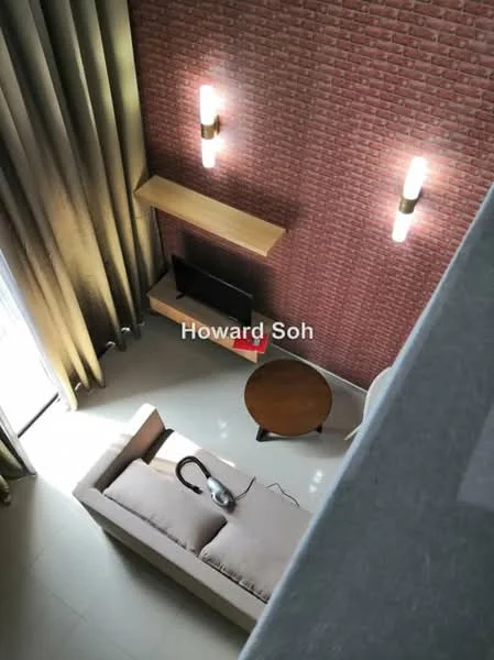 Living features: grey fabric sofa, wooden coffee table, wall-mounted TV, exposed brick wall, cream painted walls, floor-to-ceiling windows, sheer curtains, recessed wall lighting, light-colored flooring; style: modern.