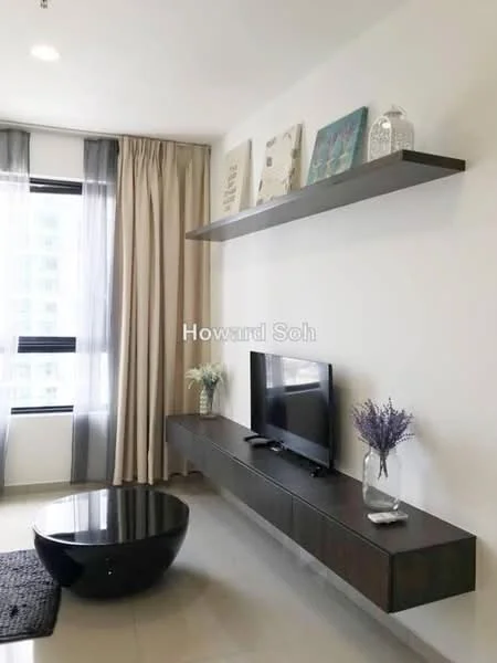 Living features: light grey painted walls, white ceiling, floor-to-ceiling windows, sheer curtains, black coffee table, dark wood TV console, wall-mounted TV, decorative shelf with artwork, lavender in vase, area rug, recessed lighting; style: modern.
