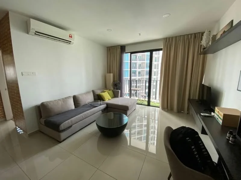 Living features: L-shape sectional sofa in grey, yellow accent cushion, round glass coffee table, wall-mounted TV, TV console, floor-to-ceiling windows, sheer curtains, white painted walls, polished ceramic tile flooring, 1 wall-mounted split AC, decorative wall shelf, ceiling lights; style: modern; view: city.
