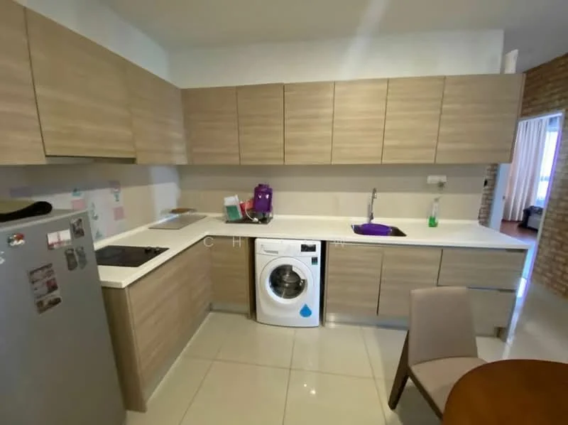Kitchen features: light wood cabinetry, white countertop, stainless-steel fridge, built-in oven, front-load washing machine, single-bowl stainless-steel sink, chrome pull-down faucet, ceramic tile flooring, recessed downlights, dining table, chair; style: modern.