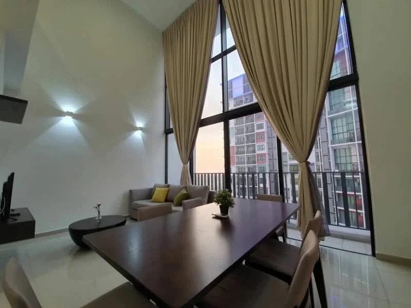 Living features: large floor-to-ceiling windows, sheer curtains, grey fabric sofa, green accent cushions, round coffee table, dining table with four chairs, wall-mounted TV, recessed wall lighting, white painted walls, glossy tile flooring, decorative plant on table; style: modern; view: city.