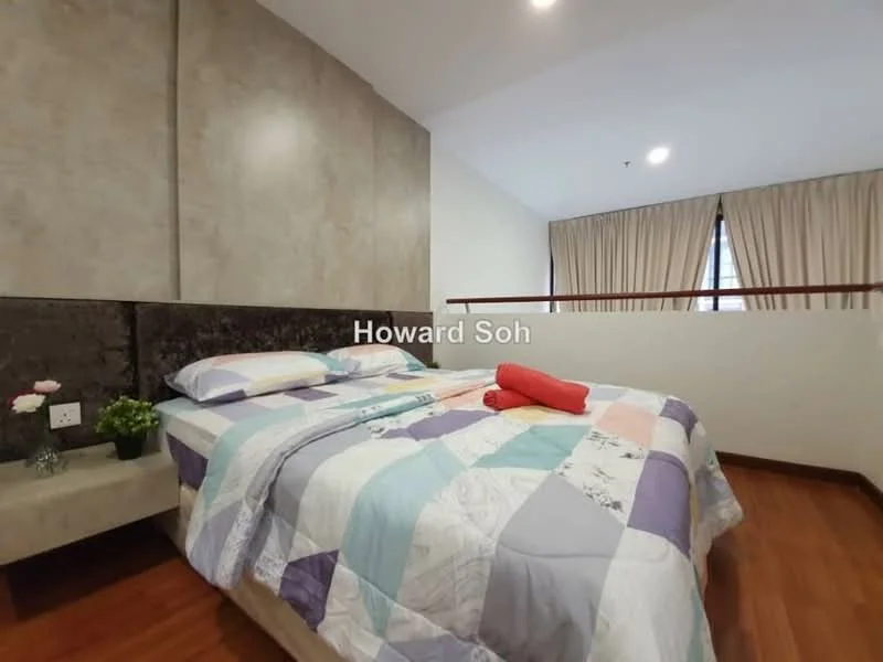 Bedroom features: queen-size bed with patterned bedding, upholstered headboard, wooden flooring, decorative pillows, nightstand with flower vase, wall-mounted light fixture, large window with curtains, exposed concrete accent wall; style: modern.
