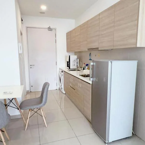 Kitchen features: light wood cabinetry, stainless-steel fridge, built-in washing machine, white countertop, ceramic tile flooring, single-bowl stainless-steel sink, chrome pull-down faucet, microwave, wall-mounted cabinet, dining table for two, grey upholstered chair, white walls, recessed lighting; style: modern.