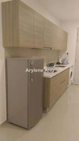 Kitchen features: light wood cabinetry, white countertop, stainless-steel fridge, built-in washing machine, single-bowl stainless-steel sink, chrome pull-down faucet, wall-mounted cabinets, ceramic tile flooring, neutral wall colour, under-cabinet lighting; style: modern.