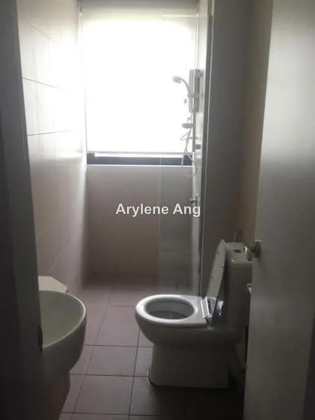 Bathroom features: white tiled walls, grey tiled flooring, walk-in shower with glass enclosure, rain shower head, handheld shower, single-sink vanity, toilet, window for natural light, modern faucet; style: modern.