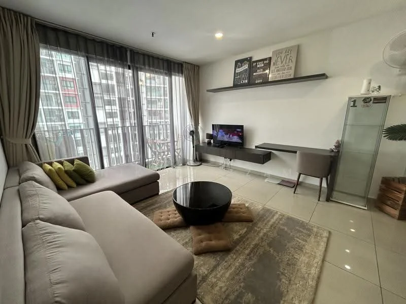 Living features: L-shape sectional sofa in light grey, green decorative cushions, round black coffee table, area rug with geometric pattern, wall-mounted TV, TV console, floor-to-ceiling windows with sheer curtains, light-colored tiled flooring, ceiling-mounted air conditioning unit, decorative wall art, small study desk with chair; style: modern; view: city.
