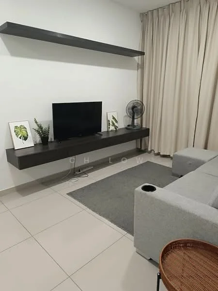 Living features: light grey fabric sofa, wall-mounted TV, black TV console, decorative plants in pots, grey area rug, floor fan, shelf above TV console, beige curtains, white painted walls, ceramic tile flooring; style: modern.