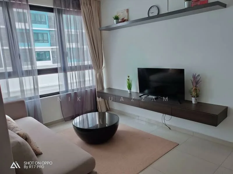Living features: light grey fabric sofa, round black coffee table, wall-mounted TV, floating shelf, decorative plant on shelf, framed wall clock, beige area rug, large windows with sheer curtains, white walls, tile flooring; style: modern.