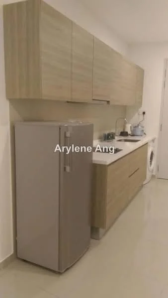 Kitchen features: light wood cabinetry, white countertop, stainless-steel single-bowl sink, chrome pull-down faucet, built-in washing machine, stainless-steel fridge, ceramic tile flooring, white walls, recessed downlights; style: modern.
