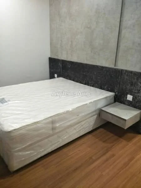 Bedroom features: queen-size bed with mattress, grey upholstered headboard, wooden flooring, concrete accent wall, nightstand with drawer, wall-mounted electrical outlets, minimalist decor; style: modern.