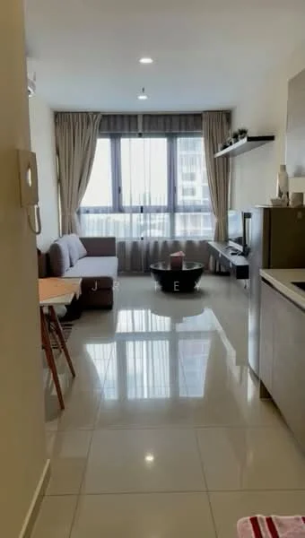 Living features: grey fabric sofa, coffee table, TV console, wall-mounted TV, floor-to-ceiling windows, sheer curtains, recessed downlights, polished tile flooring, decorative wall shelf, area rug; style: modern; view: city.