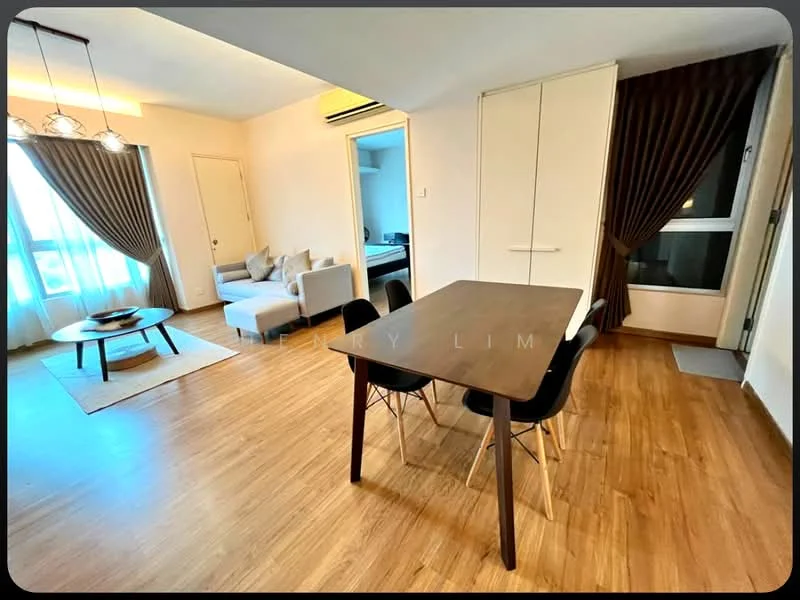 Living features: laminate flooring, white painted walls, floor-to-ceiling windows, sheer curtains, dark brown curtains, 3-blade ceiling fan, sofa in grey, round coffee table, area rug, dining table with 4 black chairs; style: modern.