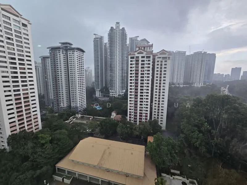 Exterior type: high-rise condominium; features: multiple high-rise buildings, surrounded by greenery, swimming pool visible, urban skyline, modern architectural design, glass facade, balconies on buildings, landscaped gardens, parking area visible; style: modern.