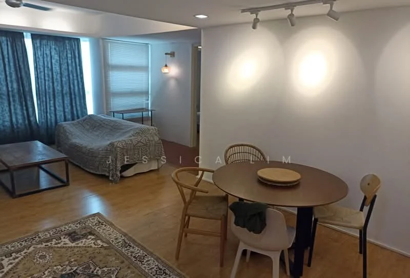 Living features: wooden flooring, white painted walls, recessed downlights, 2-seater dining table, 4 dining chairs, coffee table, bed with bedding, floor-to-ceiling windows with sheer curtains, decorative area rug, wall-mounted light fixture; style: modern.