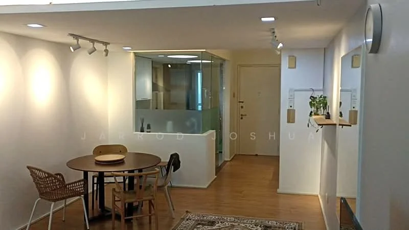 Dining features: round dining table, 4 wooden dining chairs, wooden flooring, recessed downlights, decorative wall mirror, area rug with geometric pattern, glass partition wall, white painted walls; style: modern. Hallway features: white painted walls, wooden flooring, wall-mounted shelf, door to main entrance, light switch panels; style: modern.