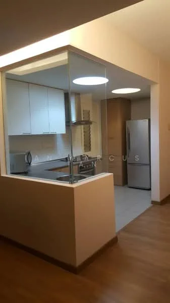 Kitchen features: white cabinets, stainless-steel fridge, built-in oven, ceramic tile backsplash, countertop with overhang, single-bowl stainless-steel sink, chrome pull-down faucet, recessed downlights, wooden flooring, open layout to living area; style: modern.