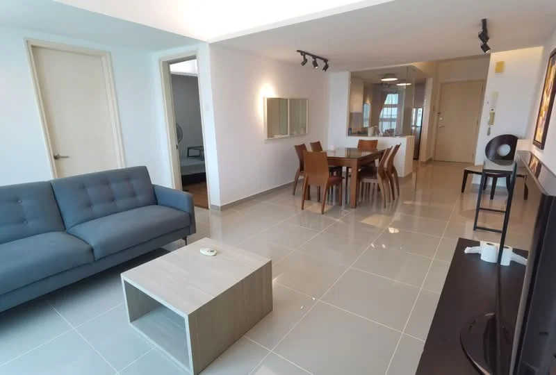 Living features: grey fabric sofa, coffee table in light wood, wall-mounted TV, tile flooring, recessed downlights, decorative wall art, open layout to dining area; style: modern. Dining features: 6-seater dining table in wood, upholstered dining chairs, pendant lighting above table, tile flooring, open layout to living area; style: modern.