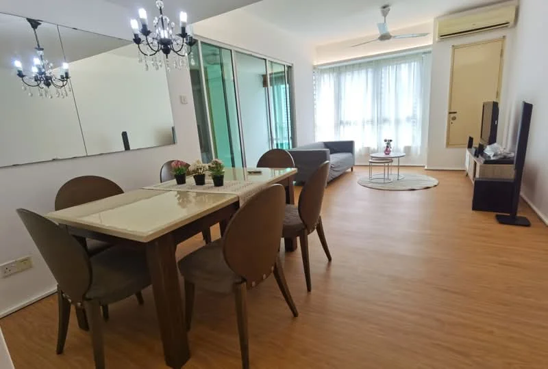 Dining features: 6-seater dining table with cream tabletop, brown wooden dining chairs, chandelier with multiple bulbs, mirror on wall, wooden flooring, decorative plants on table, open layout to living area, floor-to-ceiling windows with sheer curtains; style: modern. Living features: grey fabric sofa, round area rug, TV console with flat-screen TV, wall-mounted TV, air conditioning unit, natural light from windows; style: modern.