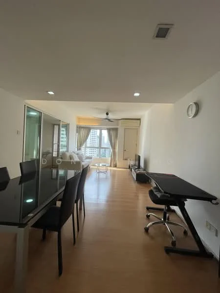 Living features: wood laminate flooring, white painted walls, recessed downlights, 5-blade ceiling fan, floor-to-ceiling windows, sheer curtains, dining table with black glass top, black dining chairs, study desk, office chair, wall clock; style: modern; view: city.