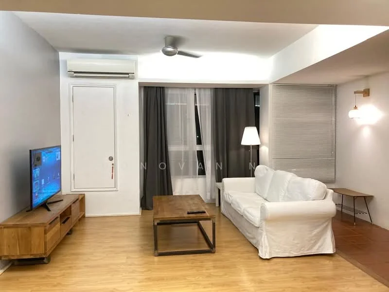 Living features: white fabric sofa, wood coffee table, TV console, wall-mounted TV, laminate flooring, floor-to-ceiling windows, grey curtains, recessed downlights, wall sconce, air conditioning unit, decorative lamp; style: modern.