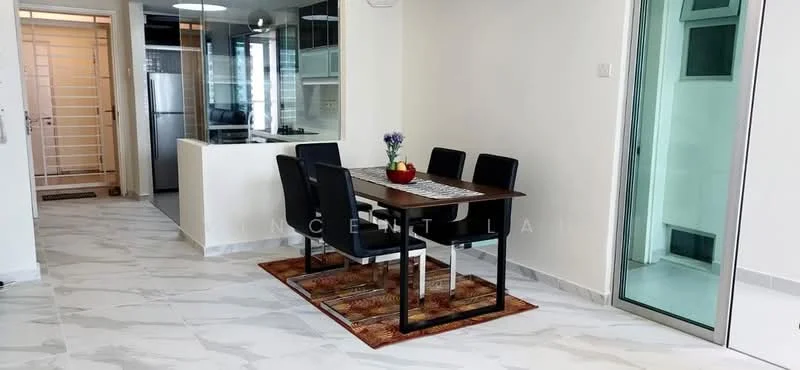 Dining features: 6-seater dining table, black dining chairs, area rug with geometric pattern, white painted walls, marble tile flooring, recessed downlights, decorative bowl on table, flower vase on table; style: modern. Room features: open kitchen layout, stainless-steel fridge, sliding glass door, white cabinetry.