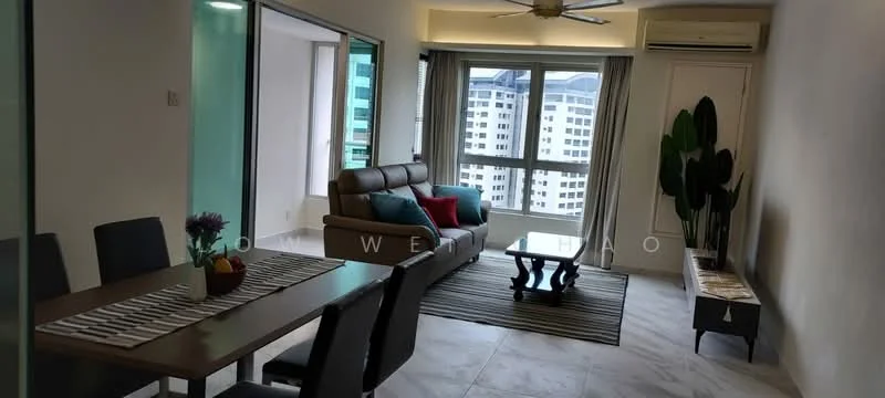Living features: 3-seater leather sofa in brown, coffee table with dark wood finish, area rug with striped pattern, floor-to-ceiling windows, curtains, ceiling fan, wall-mounted air conditioning unit, decorative plant in corner, wall-mounted TV, light-colored walls, marble tile flooring; style: modern; view: city. Dining features: 6-seater dining table in dark wood, upholstered dining chairs, table runner, decorative vase with flowers, light fixture above table; style: modern.