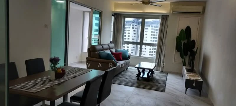 Living features: 3-seater leather sofa in brown, coffee table with dark wood finish, area rug with striped pattern, floor-to-ceiling windows, curtains, ceiling fan, wall-mounted air conditioning unit, decorative plant in pot, TV console, dining table with 4 chairs, table runner, decorative vase with flowers; style: modern; view: city.