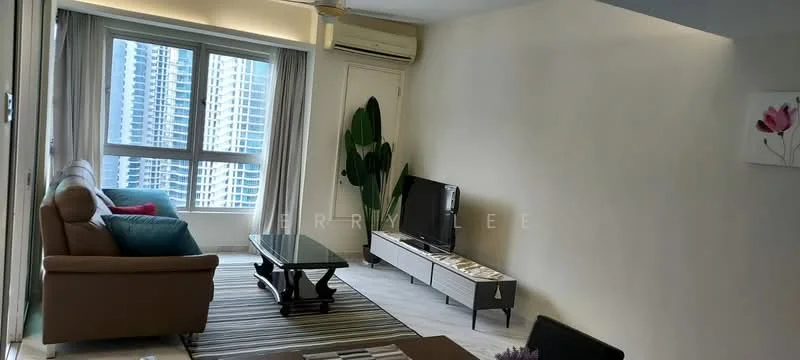 Living features: 3-seater brown leather sofa, 2 blue accent cushions, glass coffee table, TV console with drawers, wall-mounted flat-screen TV, area rug with striped pattern, large window with city view, air conditioning unit, decorative plant in corner, framed artwork on wall; style: modern; view: city.