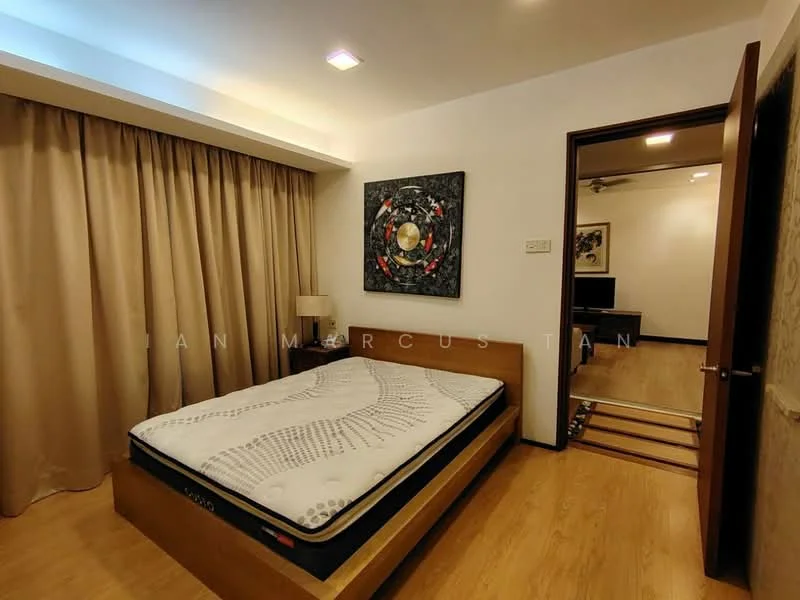 Bedroom features: queen-size bed, wooden bed frame, laminate flooring, white painted walls, curtains in beige, nightstand with lamp, wall-mounted artwork, ceiling fan with light, built-in wardrobe, door leading to another room; style: modern.