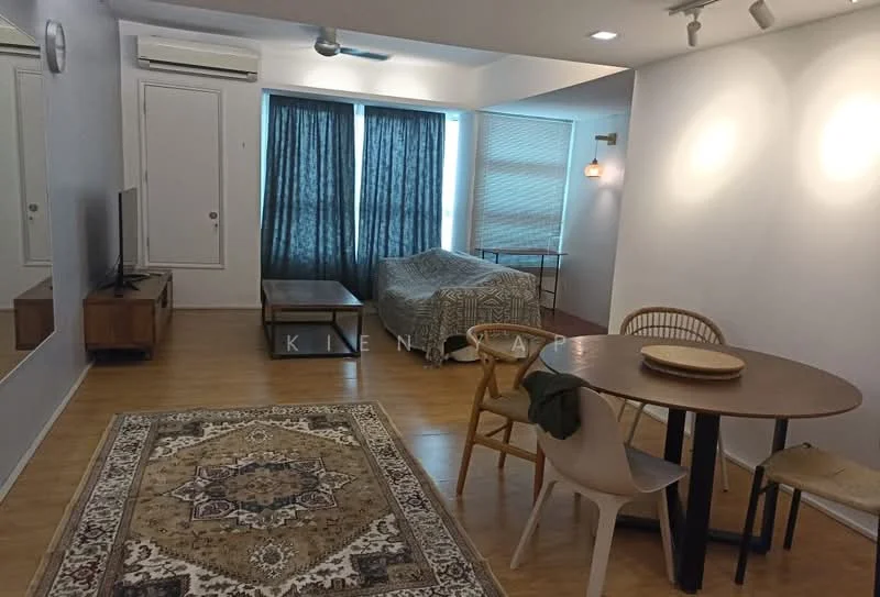 Living features: wooden flooring, white painted walls, floor-to-ceiling windows, blackout curtains, sofa bed, coffee table, TV console, wall-mounted TV, area rug with geometric pattern, ceiling fan, recessed downlights; style: modern. Dining features: round dining table, 4 dining chairs, decorative wall mirror; style: modern.