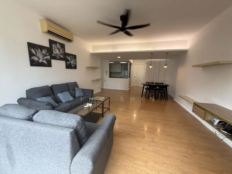 Living features: 3-seater fabric sofa in grey, coffee table, wall-mounted TV, floating shelves, ceiling fan, laminate flooring, white painted walls, decorative artwork on walls, dining area visible in background, open-plan layout; style: modern.