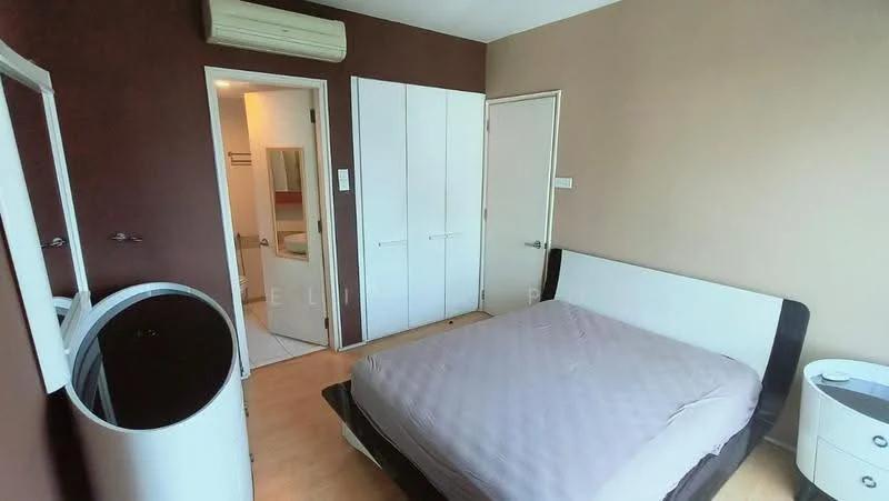 Bedroom features: queen-size bed, wooden bed frame, light wood flooring, brown accent wall, cream painted walls, built-in wardrobe with sliding doors, mirror on wardrobe, air conditioning unit, nightstand, table lamp; style: modern. Bathroom features: door leading to bathroom, unknown bathroom features.