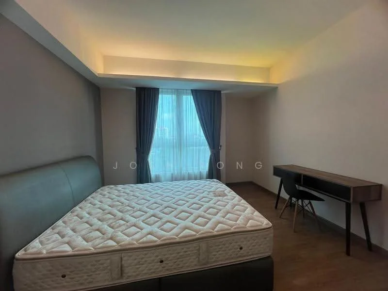 Bedroom features: queen-size bed with mattress, wood flooring, grey painted walls, floor-to-ceiling window, sheer curtains, desk with chair, recessed lighting, tray ceiling; style: modern; view: city.
