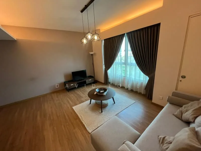 Living features: light wood flooring, cream painted walls, floor-to-ceiling windows, sheer curtains, dark grey curtains, 3-blade ceiling fan, recessed LED downlights, modern pendant lighting, TV console, wall-mounted TV, round coffee table, beige sectional sofa, area rug; style: modern; view: garden.