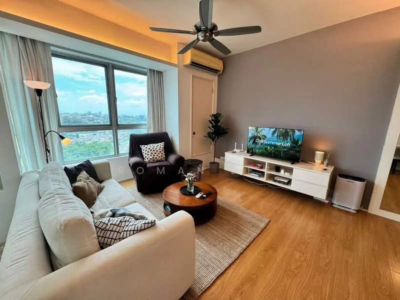 Living features: 3-seater fabric sofa in light grey, 1 armchair in dark brown, round wooden coffee table, TV console with storage, wall-mounted TV, floor lamp, ceiling fan with light, large window with city view, wooden flooring, decorative plant in pot, area rug with geometric pattern; style: modern; view: city.