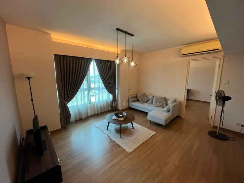 Living features: light wood flooring, cream painted walls, floor-to-ceiling windows, sheer curtains, dark brown sofa, round coffee table, decorative area rug, 3-blade ceiling fan, recessed lighting, TV console, wall-mounted TV; style: modern; view: city.
