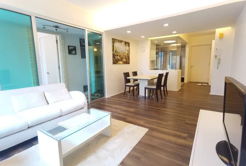 Living features: white fabric sofa, glass coffee table, wooden flooring, wall-mounted TV, area rug, decorative wall art, recessed ceiling lights, floor-to-ceiling windows; style: modern. Dining features: 4-seater dining table, wooden dining chairs, open layout, recessed ceiling lights, glass partition, neutral wall color; style: modern.