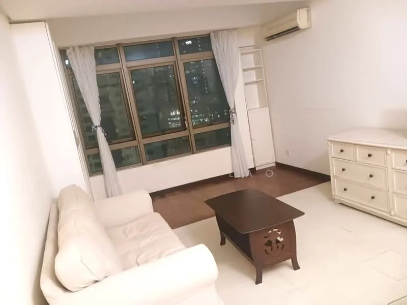 Living features: 3-seater fabric sofa in cream, wood coffee table, white dresser with multiple drawers, floor-to-ceiling windows, sheer curtains, wall-mounted split AC, light-coloured walls, laminate flooring; style: modern; view: city.