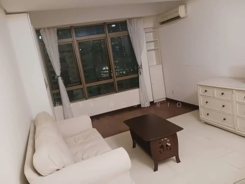 Living features: light-coloured fabric sofa, wood coffee table, white dresser, built-in shelving unit, floor-to-ceiling windows, sheer curtains, air conditioning unit, dark wood flooring; style: modern; view: city.