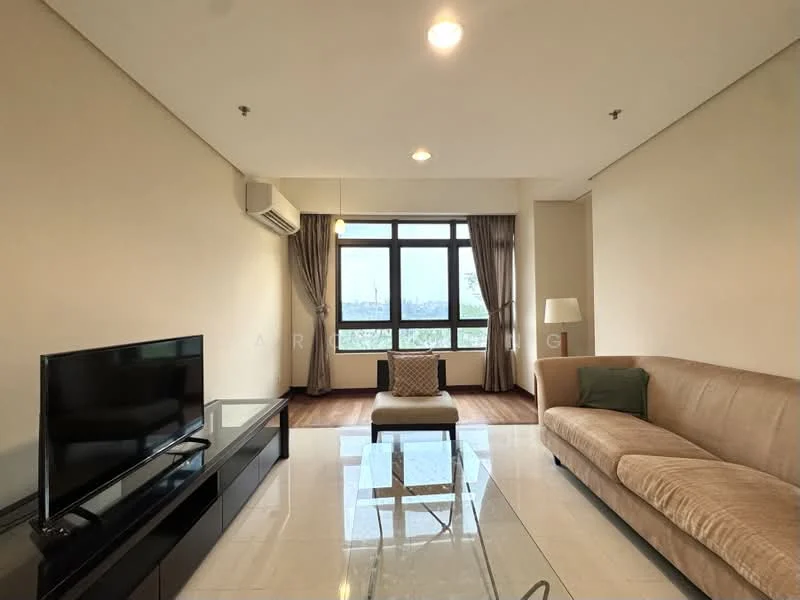 Living features: 3-seater fabric sofa in beige, glass coffee table, wall-mounted TV, TV console, floor-to-ceiling windows, curtains, wooden flooring, 1 wall-mounted split AC, decorative lamp, armchair with cushion, neutral painted walls, recessed downlights; style: modern; view: city.