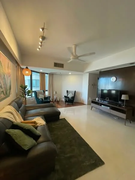 Living features: 3-seater leather sofa in black, 2-seater leather sofa in black, green decorative cushions, area rug in dark green, wall-mounted TV, TV console, ceiling fan with light, recessed downlights, large windows with sheer curtains, wooden flooring, decorative wall art, wood panel accent wall; style: modern; view: city.