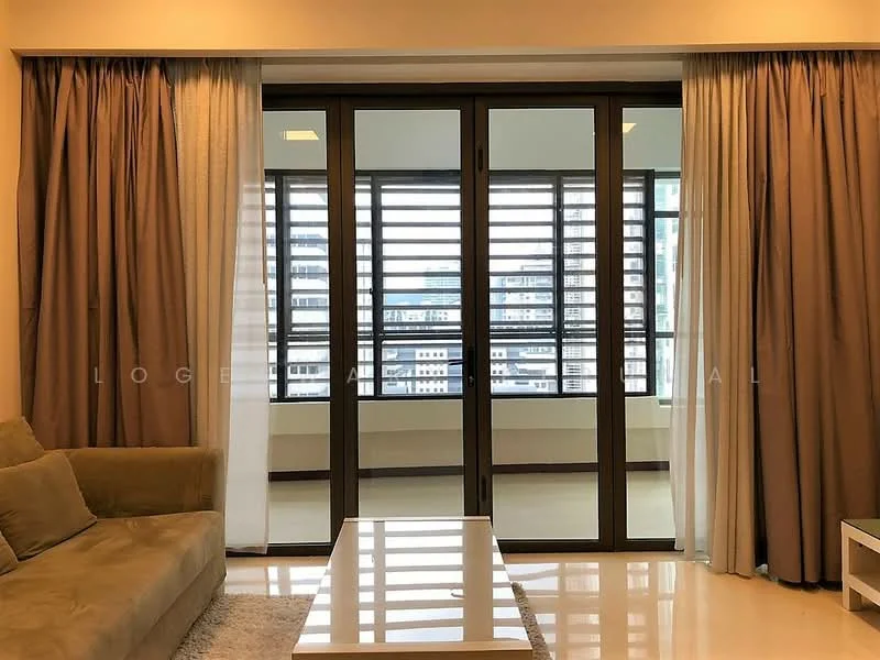 Living features: floor-to-ceiling windows, sliding glass door, sheer curtains, blackout curtains, cream painted walls, light-colored flooring, 3-seater fabric sofa in beige, coffee table, decorative wall, city view; style: modern; view: city.