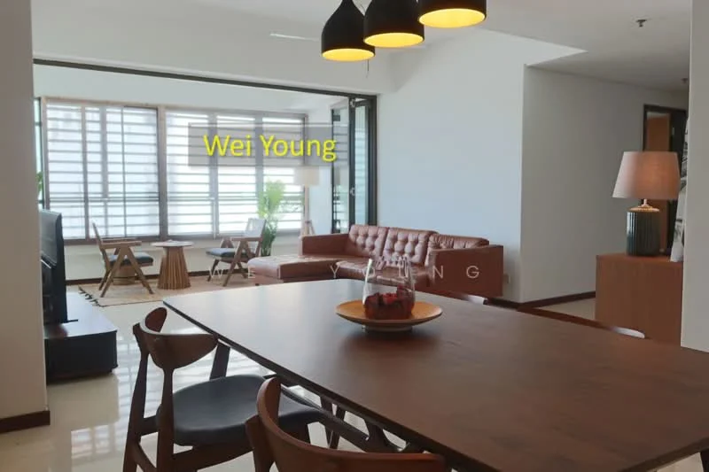 Living features: brown leather sectional sofa, wooden coffee table, area rug with geometric pattern, floor-to-ceiling windows, sheer curtains, potted plants, wall-mounted TV, wooden side table, pendant lighting, dining table with wooden chairs; style: modern; view: city.
