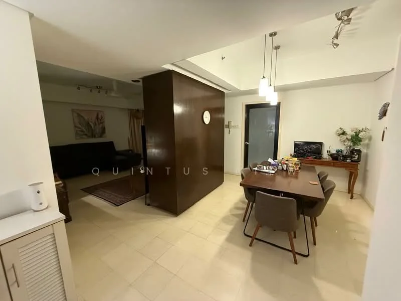 Living features: cream painted walls, tile flooring, sofa in dark fabric, area rug, wall-mounted TV, coffee table, decorative wall clock, recessed downlights, ceiling-mounted light fixtures; style: modern. Dining features: dining table with 4 chairs, wooden side table, decorative plants, wall-mounted mirror, light fixture above table; style: modern.