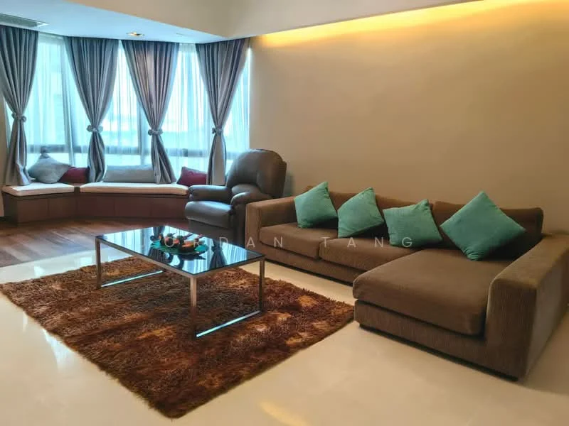 Living features: 3-seater fabric sofa in brown, L-shape sectional sofa, coffee table with metal legs, area rug with shaggy texture, floor-to-ceiling windows, sheer curtains, wooden window seat, decorative cushions in turquoise, recessed lighting, wooden flooring, accent wall with warm lighting; style: modern.